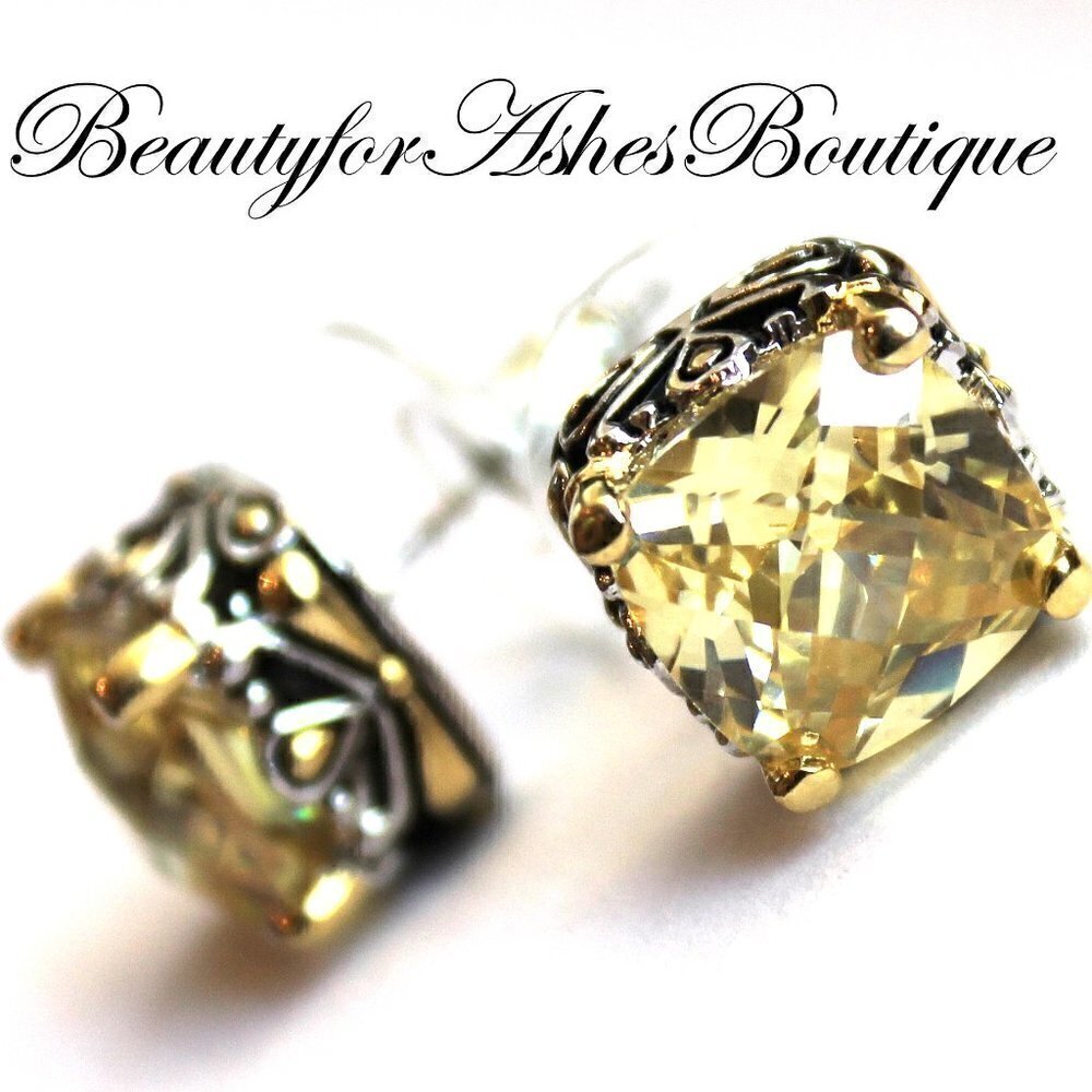 10mm Checker Cut Two Tone Throne Room Pale Canary Yellow Old World CZ Earrings